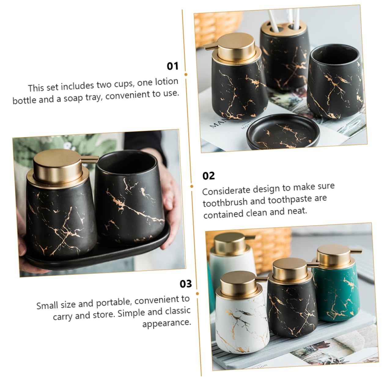 Juego de Accesorios de Baño de Cerámica Negro, 1 Set Dos Vasos | Portacepillos y Jabonera Incluidos, Botella para Loción, Acabado Liso y Portátil, Estilo Clásico Elegante