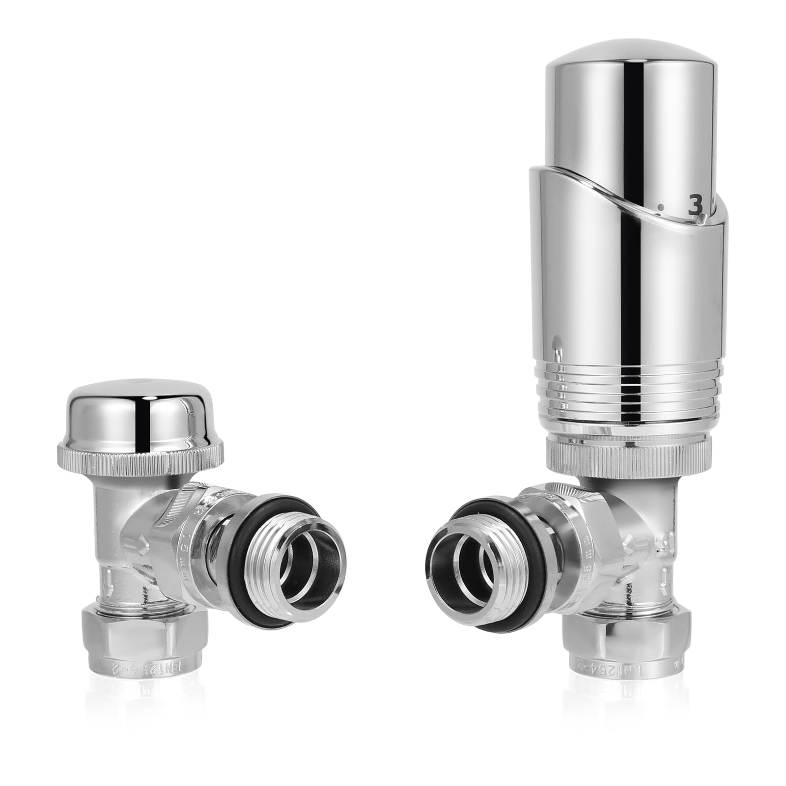 SVNR Thermostatic Radiator Valves (TRV), Textured Chrome, Angled Lockshield Valve, 15mm