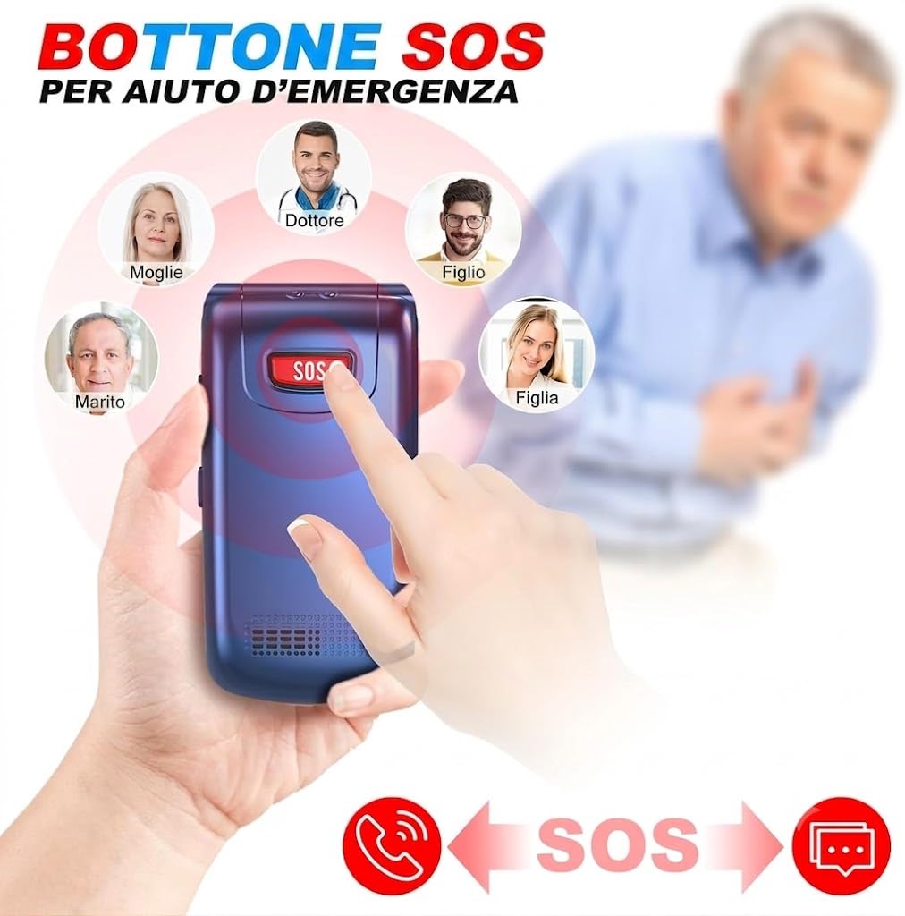 CHAKEYAKE Telefono Cellulare per Anziani con Tasti Grandi, Telefono Senior Dual SIM, Display Doppio 2.4'' + 1.77'', Volume Alto, Tasto SOS, Base di Ricarica, Fotocamera, Sbloccato, Blu