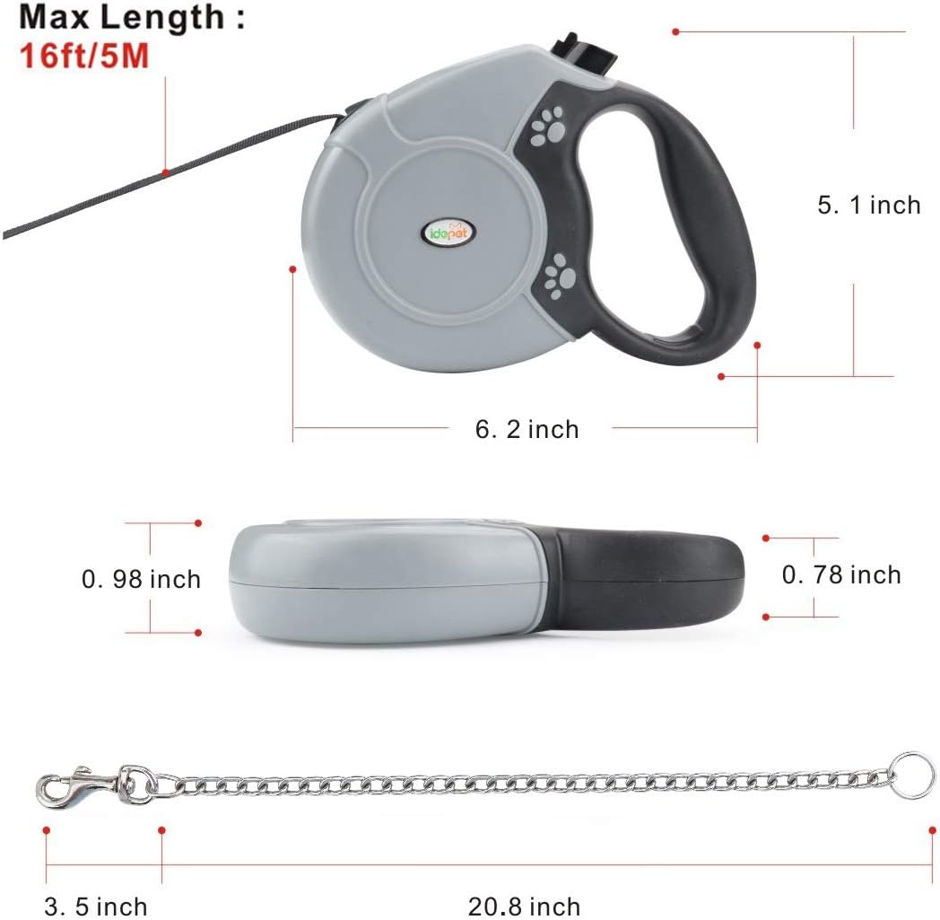 Idepet Heavy Duty Retractable Dog Leash for Small and Medium Dogs, Anti-Chewing Steel Chain 360 Degree Tangle-Free,Break and Lock System,16ft Leash for Dog Walking (Flat Rope)