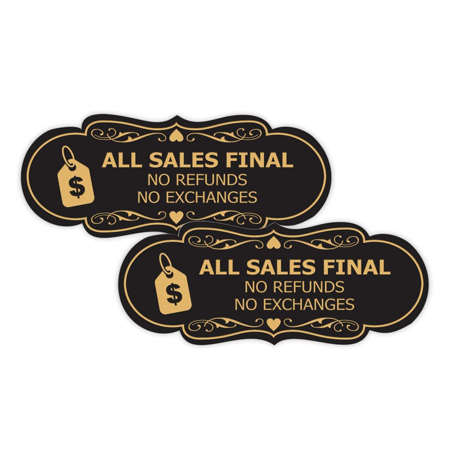 Designer All Sales Final No Refunds No Exchanges (Dollar Tag) Sign (Black Gold) - Medium 2 Pack