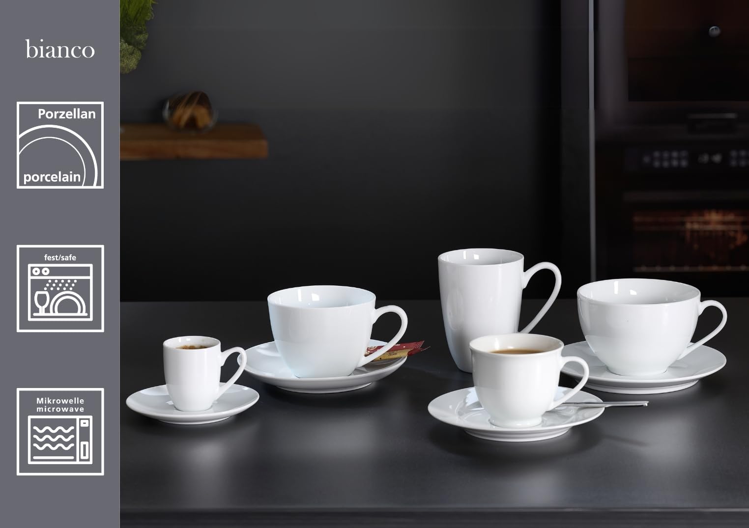 Ritzenhoff & Breker Espresso-Set Bianco, 12-teilig, 80 ml, Tassen und Untertassen für 6 Personen, Spülmaschinenfest & Mikrowellengeeignet, Porzellan, Weiß