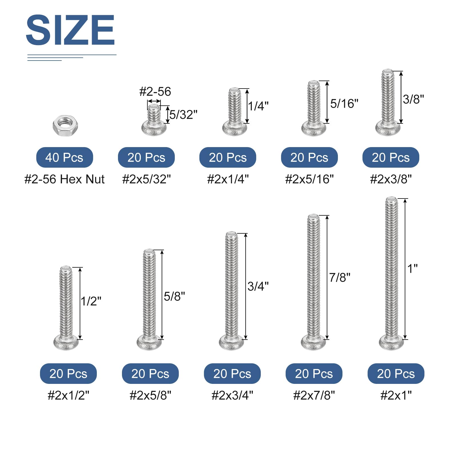 DTGN 220Pcs Machine Screws Assortment Kit, #2-56 Phillips Pan Head Nut and Bolt Assortment Kit, 304 Stainless Steel - Image 2