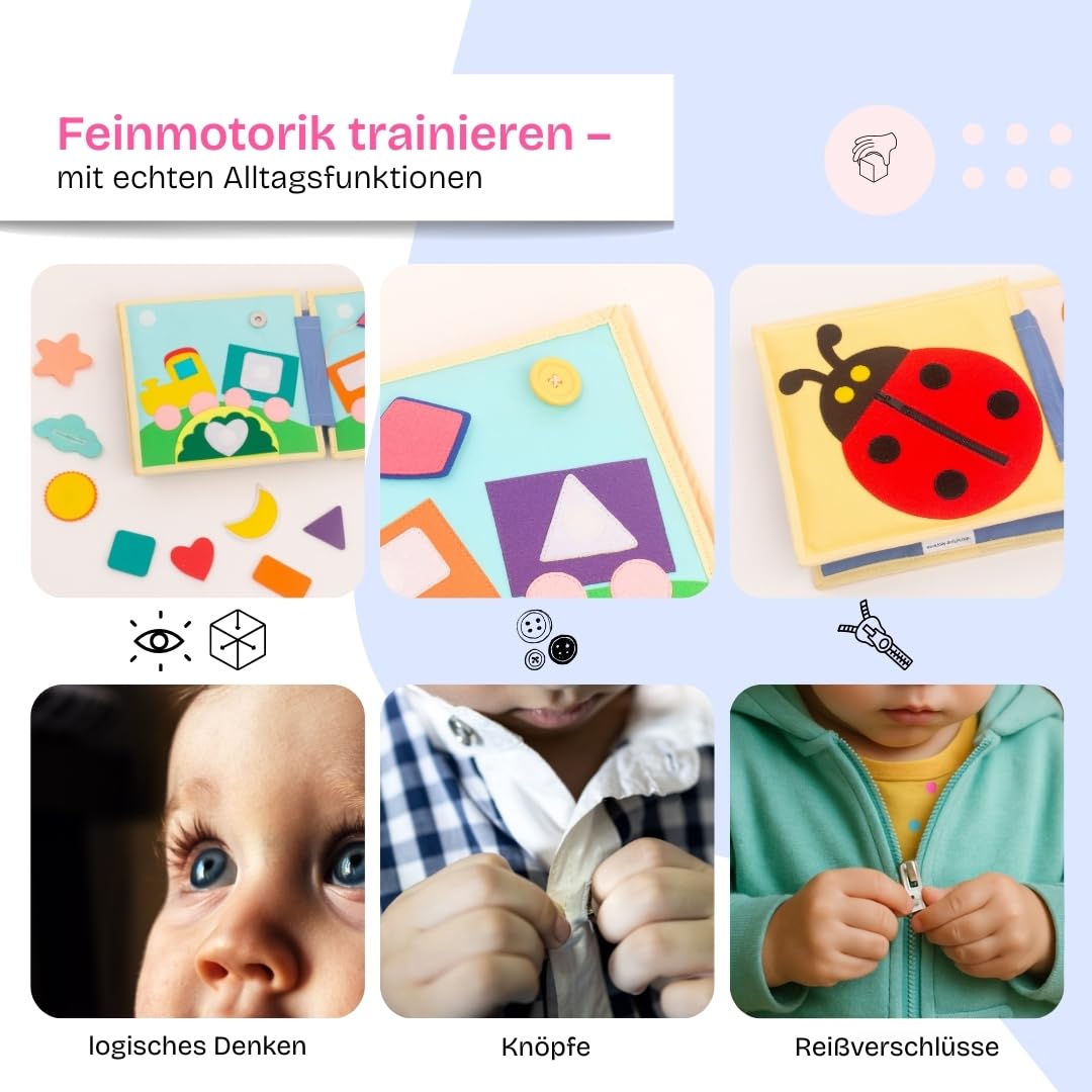 Jolly Designs – Pastell Junge Eule – 6 Seiten Premium Quiet Book – Montessori Spielzeug ab 1 Jahr – Motorik & Sensorik fördern – Handgefertigtes Filzbuch – Lernspielzeug für Kleinkinder – Busy Book
