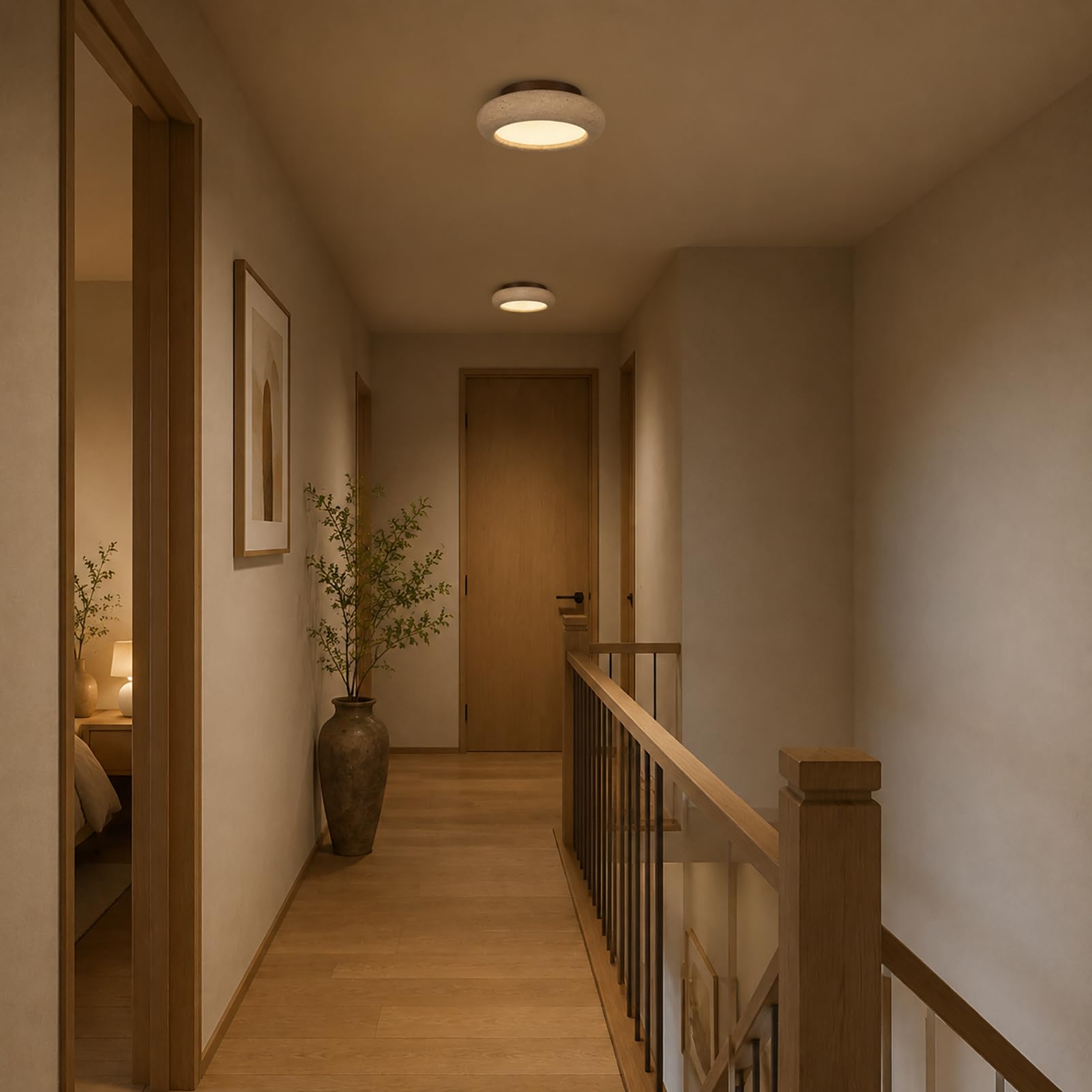 Plafoniera in Travertino Wabi Sabi, Lampada Japandi in Pietra e Legno