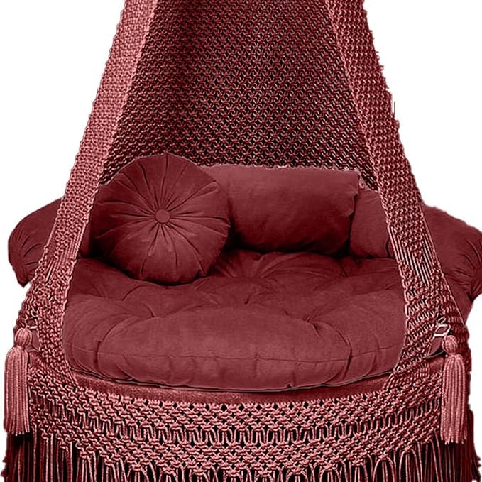 Image of Macrame Hanging Chair Swing with Cushions, Boho Indoor Round Hammock Seat Indoor & Outdoor - Patio, Balcony, Bedroom, Living Room, Garden-Kids, Adults (Maroon)