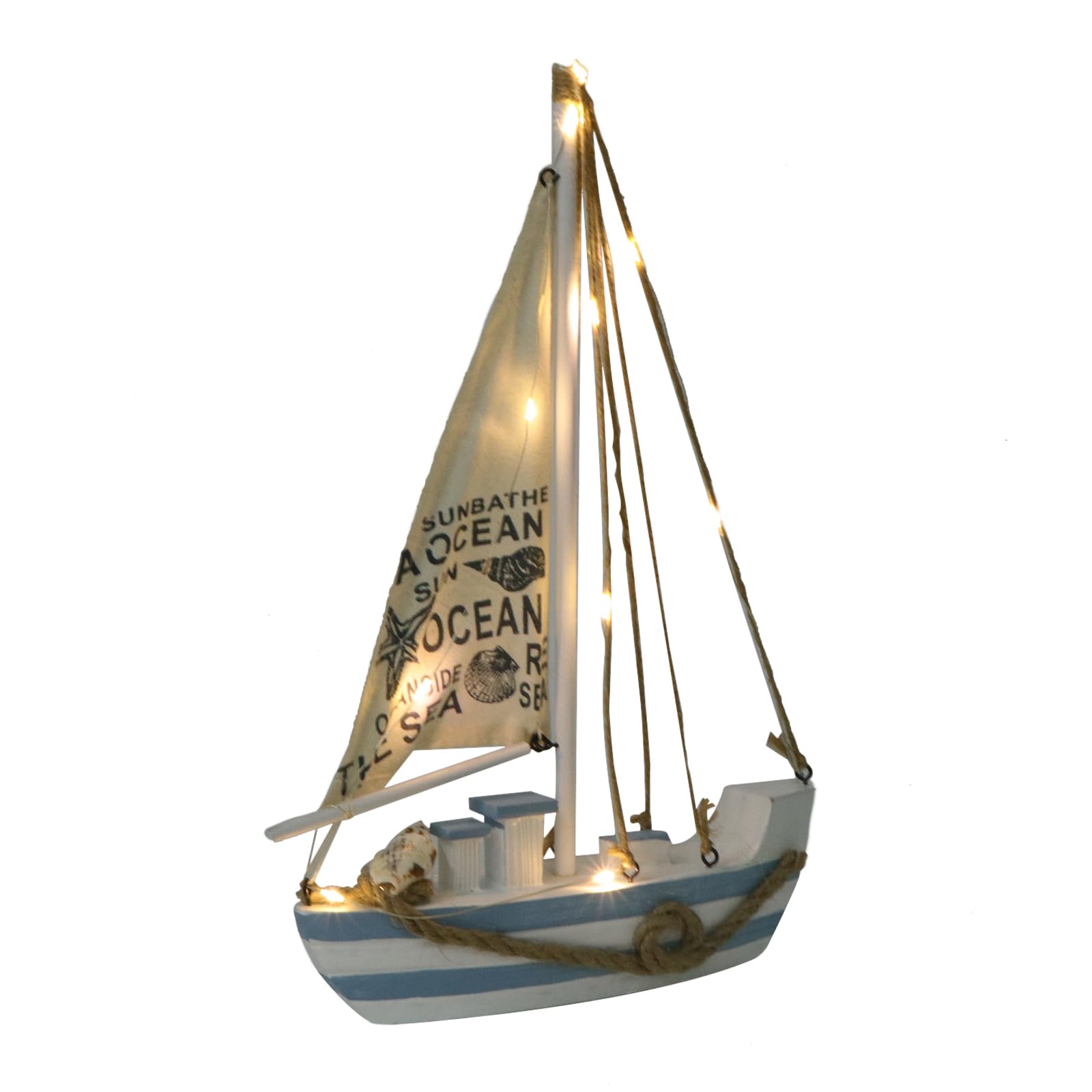 Wooden Sailing Boat Model with LED Light Rustic Wooden Coastal Decoration Nautical Decor Mediterranean Style Beach House Ornament For Living Room Bedroom (Without Battery)