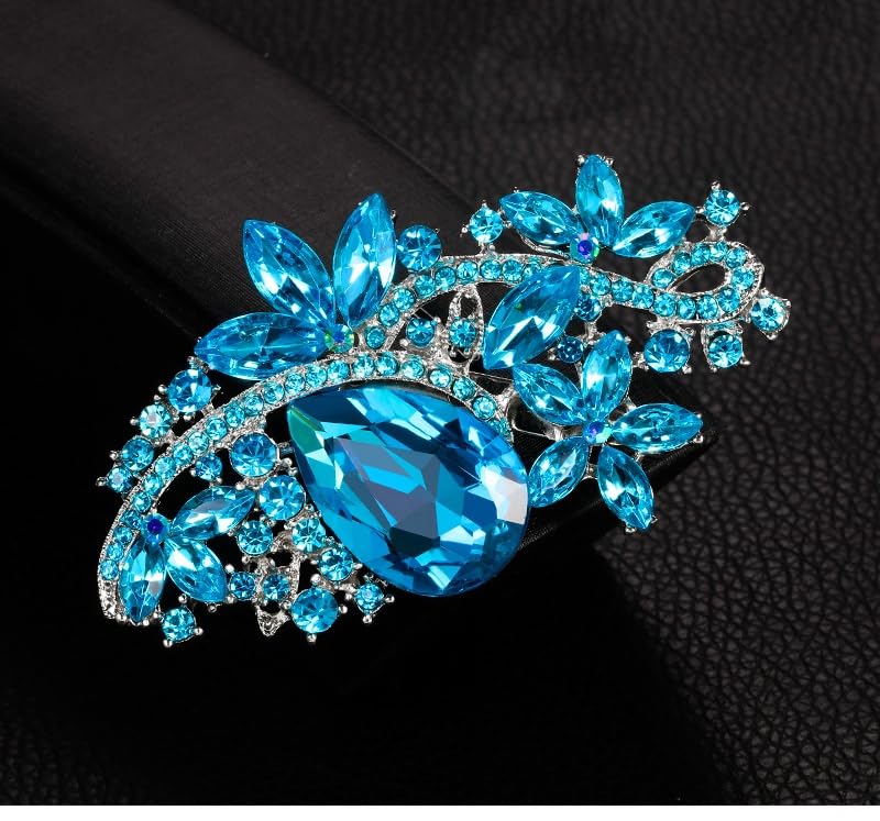 Image of Wedding Bridal Big Crystal Rhinestone Bouquet Brooch Pin for Women (Silver Tone-light blue)