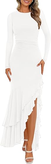 BTFBM Women's Maxi Dresses Fall 2025 Long Sleeve Ruched Bodycon Solid Ruffle Mermaid Cocktail Wedding Guest Dress