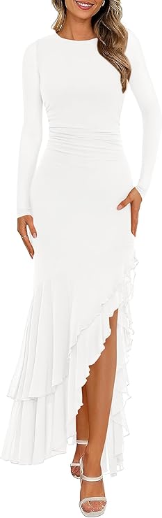 BTFBM Women's Maxi Dresses Fall 2025 Long Sleeve Ruched Bodycon Solid Ruffle Mermaid Cocktail Wedding Guest Dress