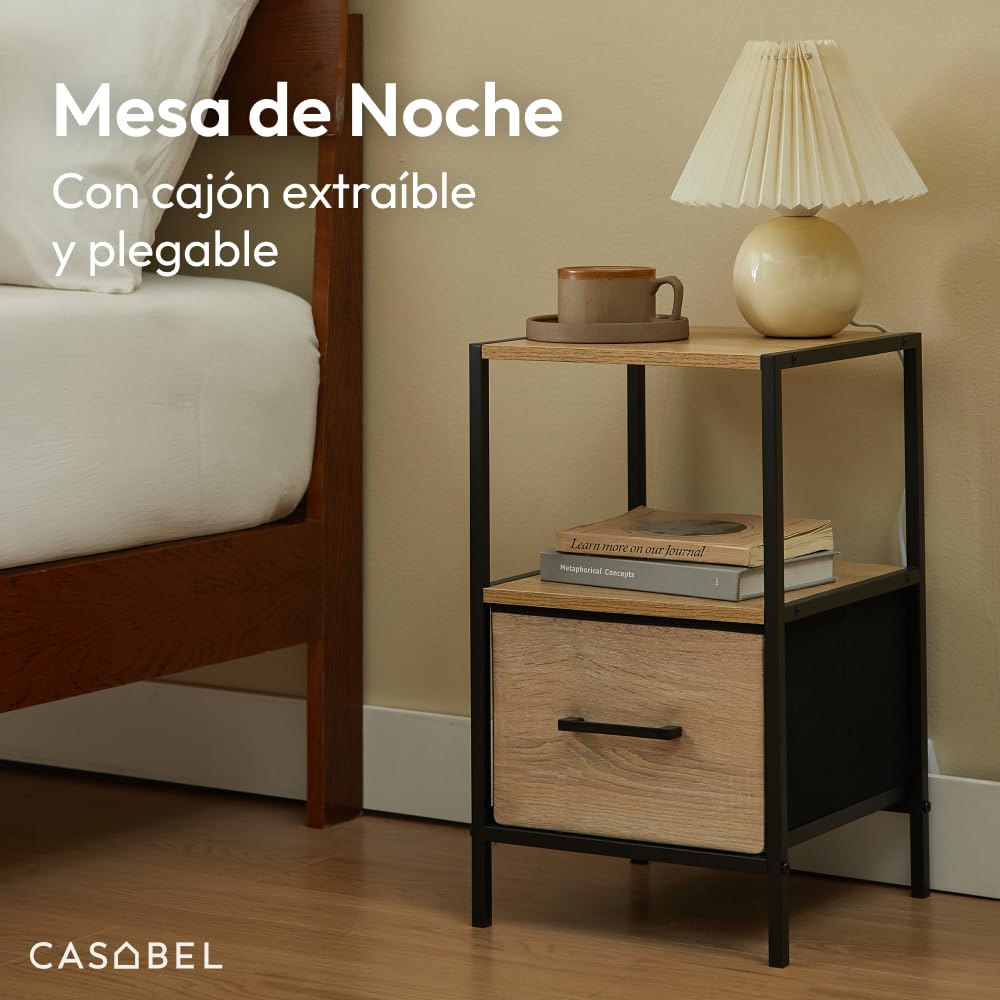 CASABEL Mesita de Noche con cajón de Tela rígida Efecto Madera, Tablero de Madera y Estructura metálica Negra 30x30x50 cm, mesilla de Noche para Dormitorio o Mesa Auxiliar de sofá