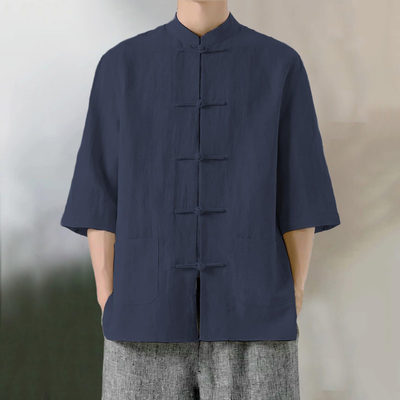 Generico Camicia Uomo Elegante Camicia Lino Coreana Colletto Manica Corta Tradizionale Asiatica Casual Traspirante Ampia vestibilità