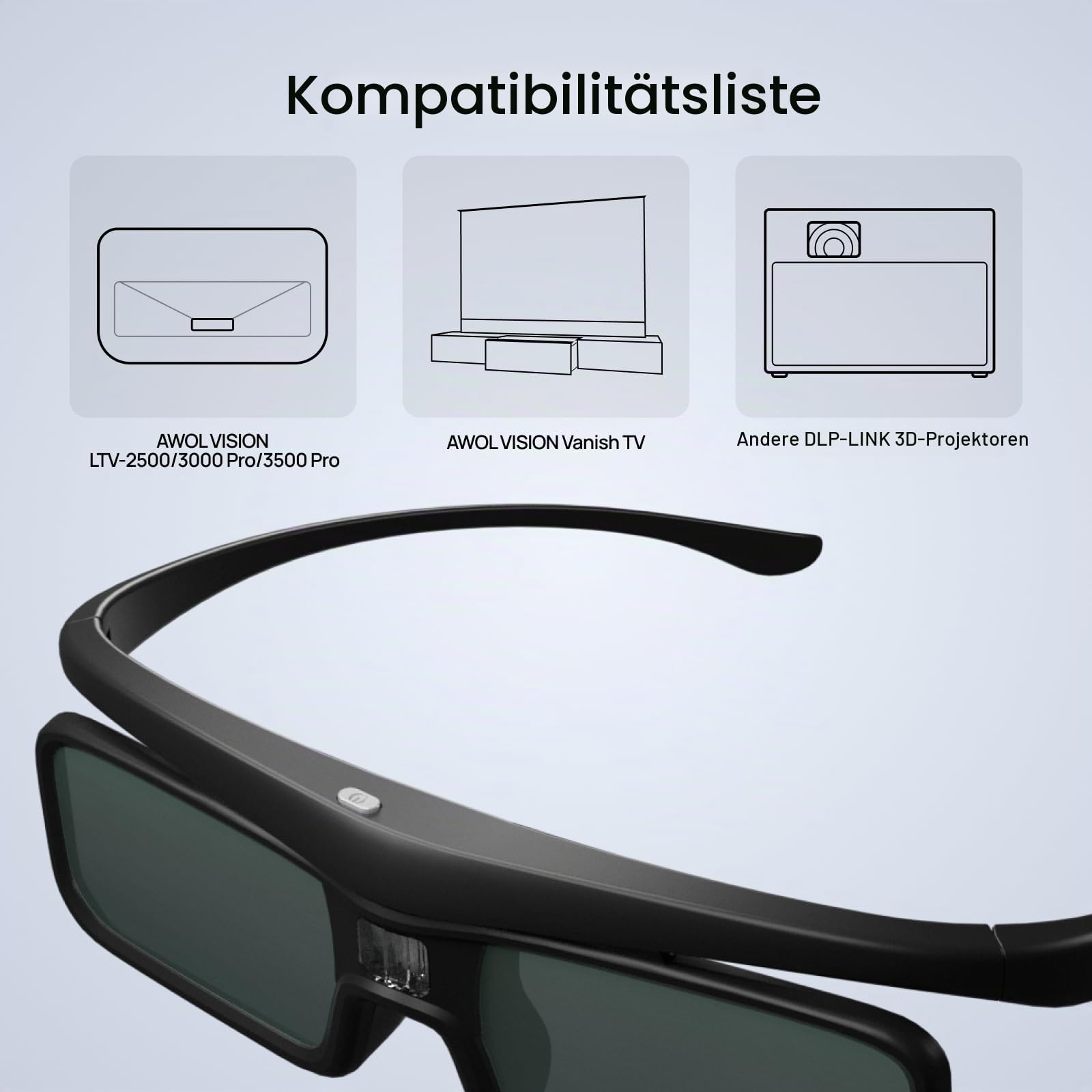 AWOL VISION DLP Link 3D-Brille, wiederaufladbare aktive Shutterbrille, kompatibel mit AWOL VISION LTV-2500, LTV-3500, Vanish TV und Anderen DLP-Link 3D Projektoren (2er-Pack)