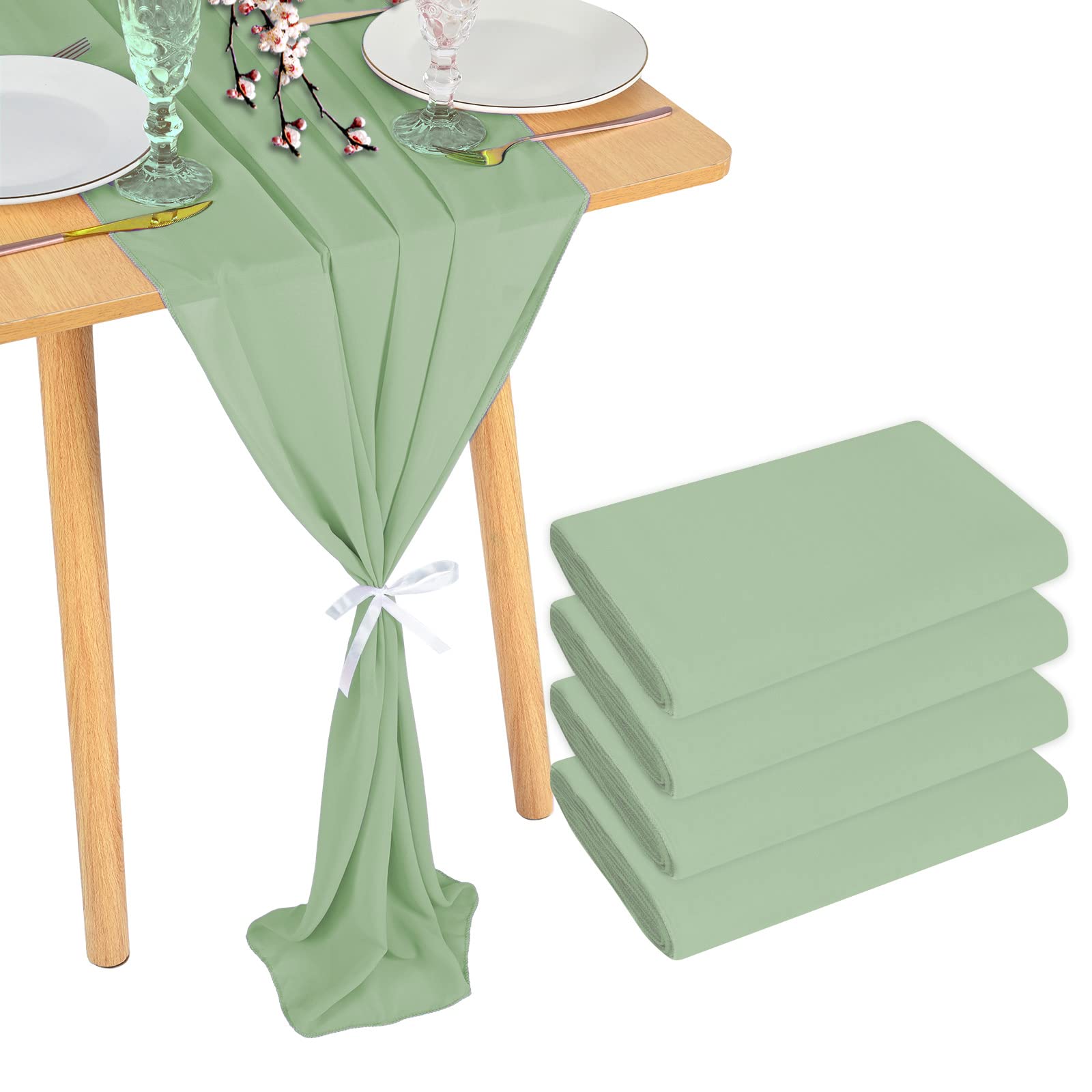 Pesonlook 4Pcs Chiffon Table Runner 28x120Inches Wedding Table Runner 10FT Table Runners Birthday Party Table Runner Decorations for Holiday,Baby Shower Decorations,Wedding Decor(Sage Green)
