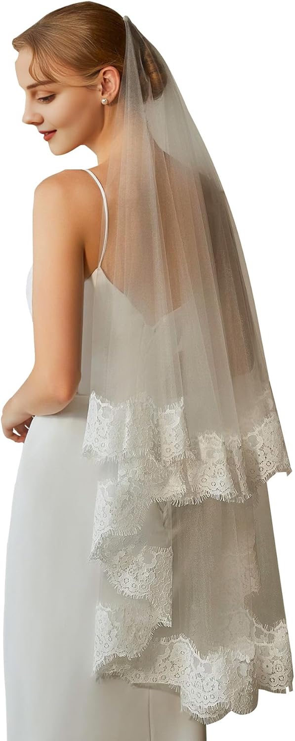 2 Tier Lace Edge Fingertip Length Wedding Bridal Veil with Metal Comb for Bride