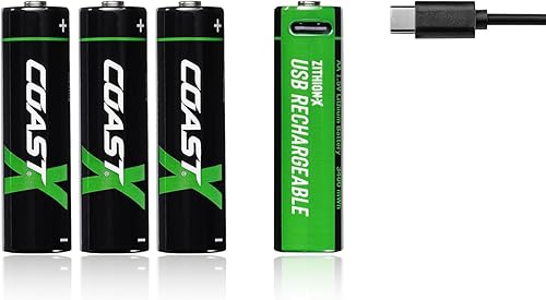 Coast Baterías recargables AA USB-C, ZITHION-X, iones de litio 1.5 V 2400 mAh, larga duración, se carga menos de 2 horas, más de 1000 cargas, cable