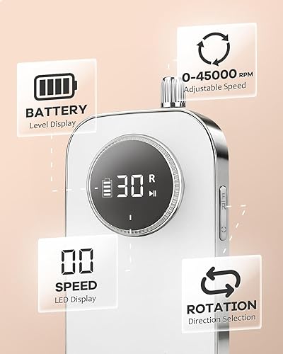 Miniatura 3 de Taladro de uñas de 45000 rpm, pantalla LCD inalámbrica Efile sin escobillas y tecnología de reducción de calor para uñas de gel acrílicas (blanco)