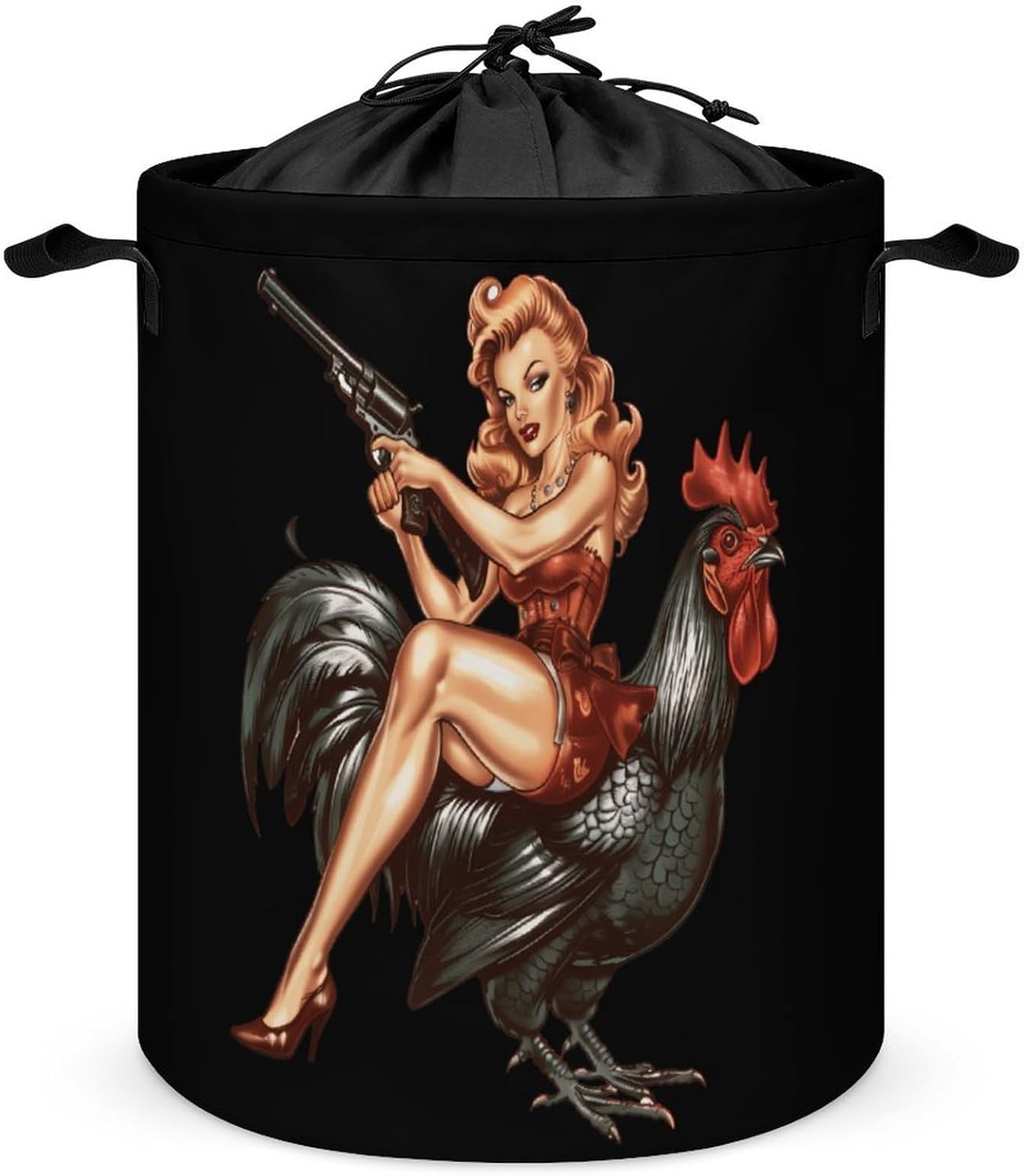 Pinup Girl Riding Chicken Rooster Gun Laundry Basket Dirty Clothes Hamper Storage Laundry Bag with Handles for Dorm Room 44x35cm