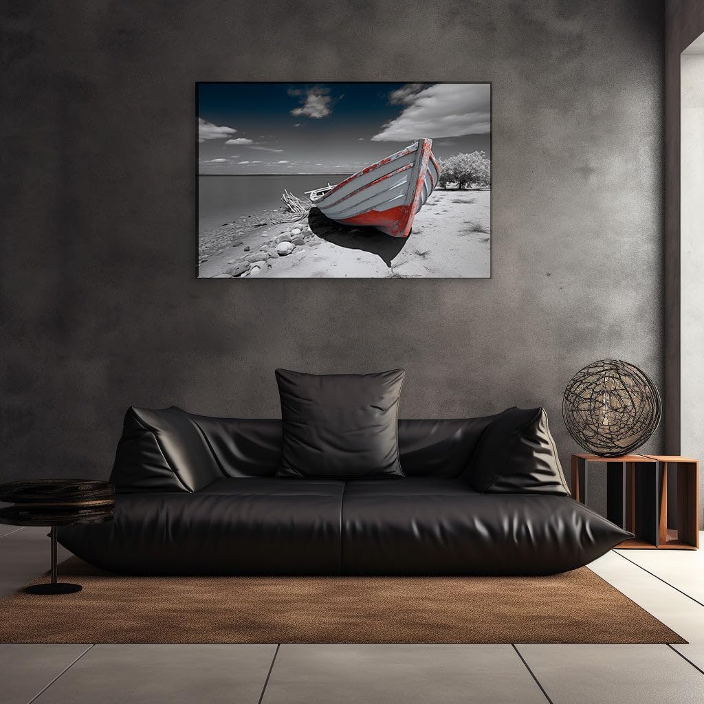 Canvas for Living room. Beached Serenity: A Red and White Vessel Against a Cloudy Sky Canvas, 27 x 18 inch Canvas Wall Art - Modern Home Decor