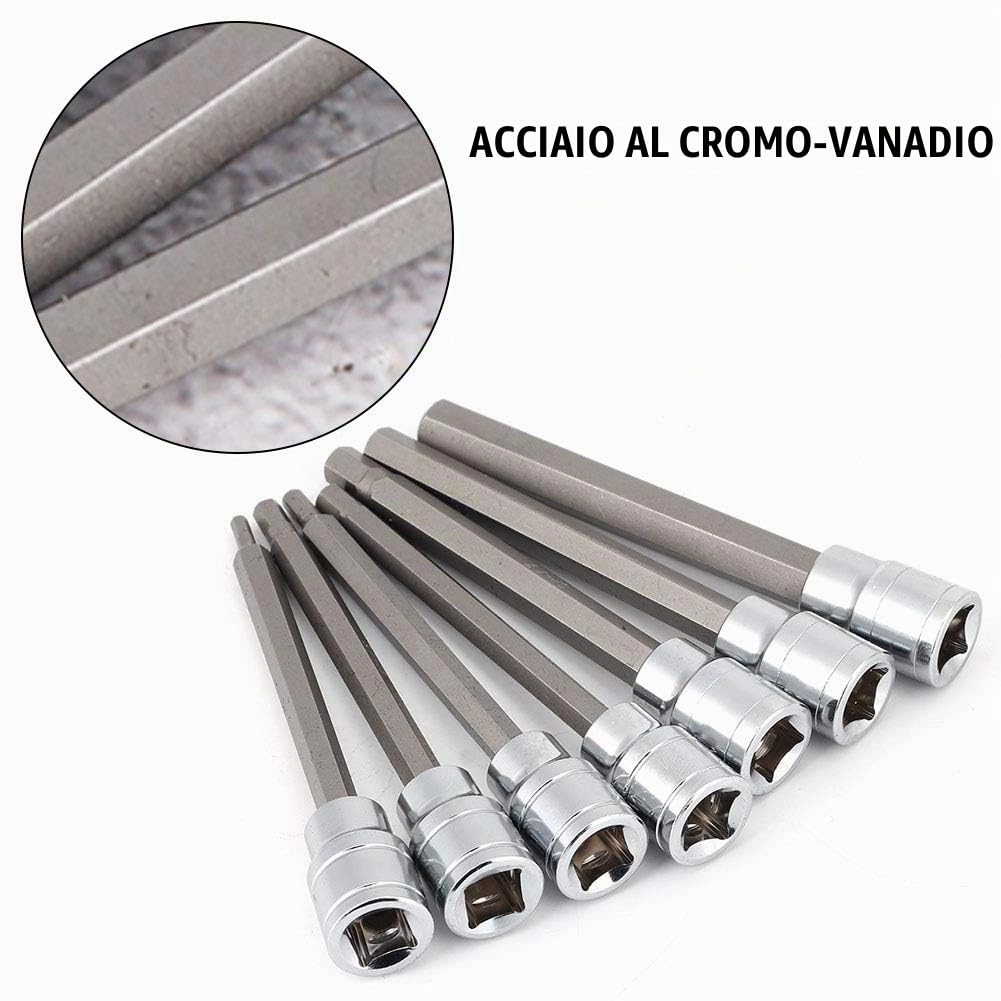 7 pezzi/Set di Chiavi a Bussola Esagonali, Set di punte esagonali, bussola esagonale di precisione durevole con lunghezza extra 110 mm, con attacco 3/4/5/6/7/8/10 mm
