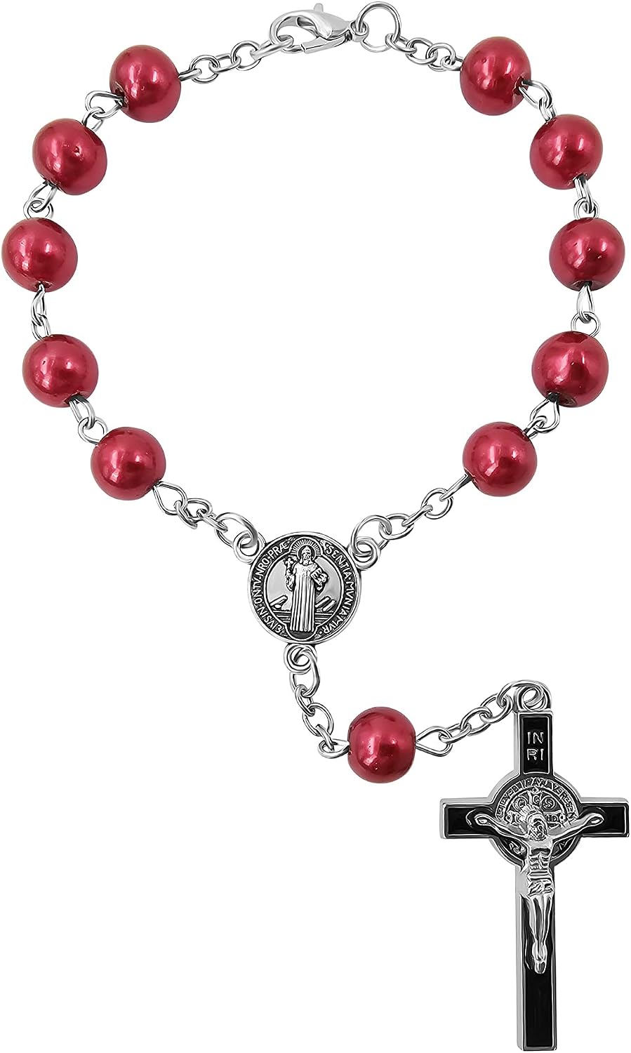 TALISMAN4U Sacred Saint Benedict Medal One Decade Catholic Rosary for Car Rearview Mirror Glass Pearl Beads Auto Rosaries Bracelet for Women Men St Benedict Crucifix Religious Gift