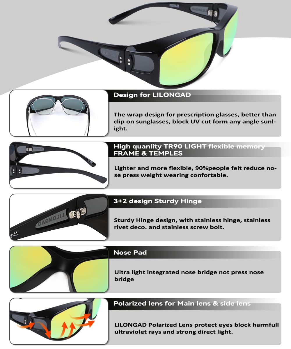 LILONGAD Fit Over Glasses Sunglasses for Men Women,Wrap Around Sunglasses Polarized UV400 Protection Rectangle Sun Glasses Driving SP3845 (Shiny Black/Yellow)