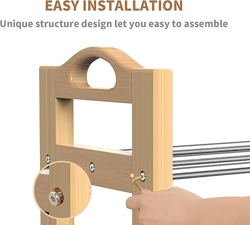 Miniatura 7 de Zapatero ajustable de madera de 18 a 33 pulgadas para entrada, 2 niveles de acero inoxidable expandibles, estantes organizadores, almacenamiento y