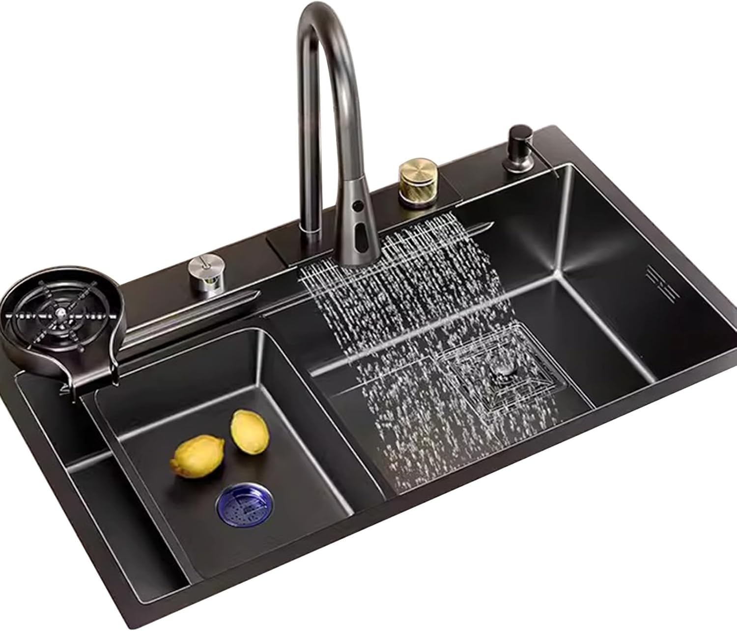 YADZISW Large Black Stainless Steel Kitchen Waterfall Sink - Single Bowl with Pull-Out Faucet Cup Washer & Accessories 60x45cm Durable Stylish for Modern Kitchens