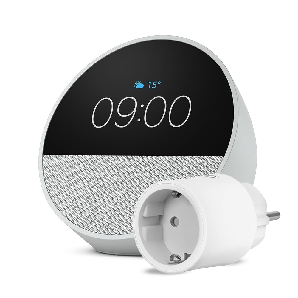 Amazon Echo Spot (última generación) | Blanco + OSRAM SMART+ Enchufe inteligente con Matter, compatible con Alexa - Kit de inicio de Hogar digital
