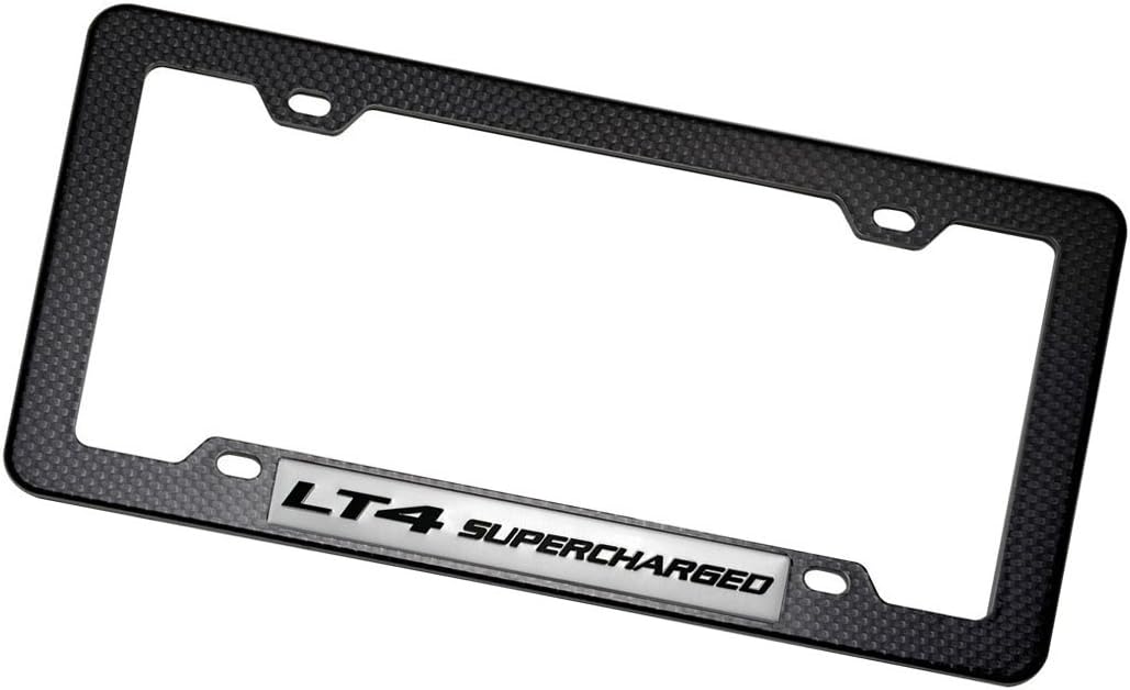 Black Carbon Fiber Look License Plate Frame with LT4 Supercharged Black on Silver Highly Polished Real Aluminum Emblem Compatible with Chevy Chevrolet Cadillac Pontiac
