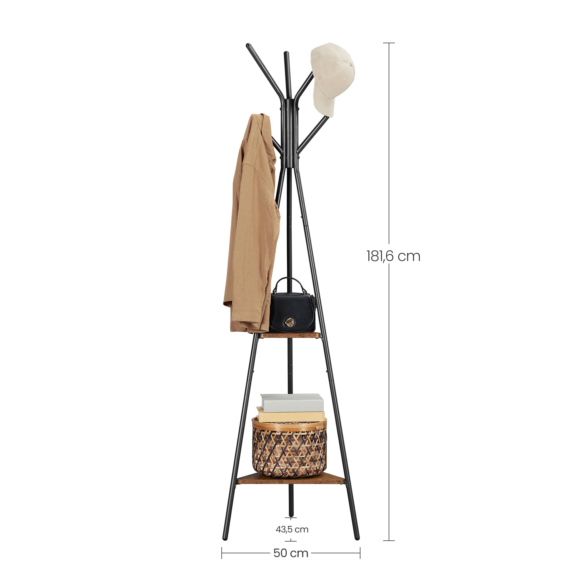 WOLTU Kledingrekken,Boomvormige Kapstok, Vrijstaande Kapstok, Kledingrek met 2 planken voor kleding, hoeden, tassen,Metaal, 45,5 x 45,5 x 180 cm SRY40ws