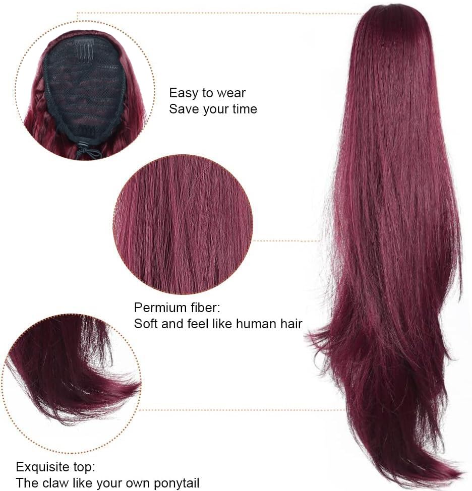 PORSMEER Ponytail Extension Wine Red Drawstring Pony tail Hair Extensions 26 Inch Long Natural Straight Wavy End Synthetic Hairpiece for Women Girls Daily Use - Image 2