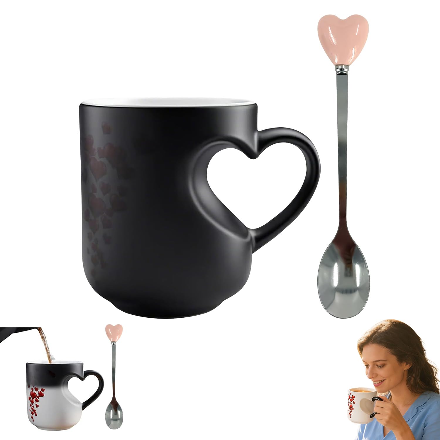 Colour Changing Mug with Heart Shaped Handle Fun Heart-Shaped Magic Ceramic Mugs Personalized 11oz Love Hearts Color Heat Changing Romantic Beverage Coffee Mug Gift for Valentine's Day Couples (Black)