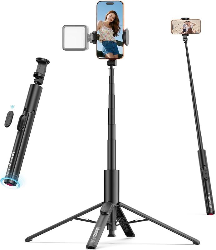 MT-86 Trípode para teléfono Palo selfie portátil Bluetooth para iPhone 17 16 | Trípode de 4 patas con apertura automática de 60 pulgadas, palo Selfie de viaje extensible, ligero y remoto inalámbrico, con Clip para teléfono con soporte de zapata fría