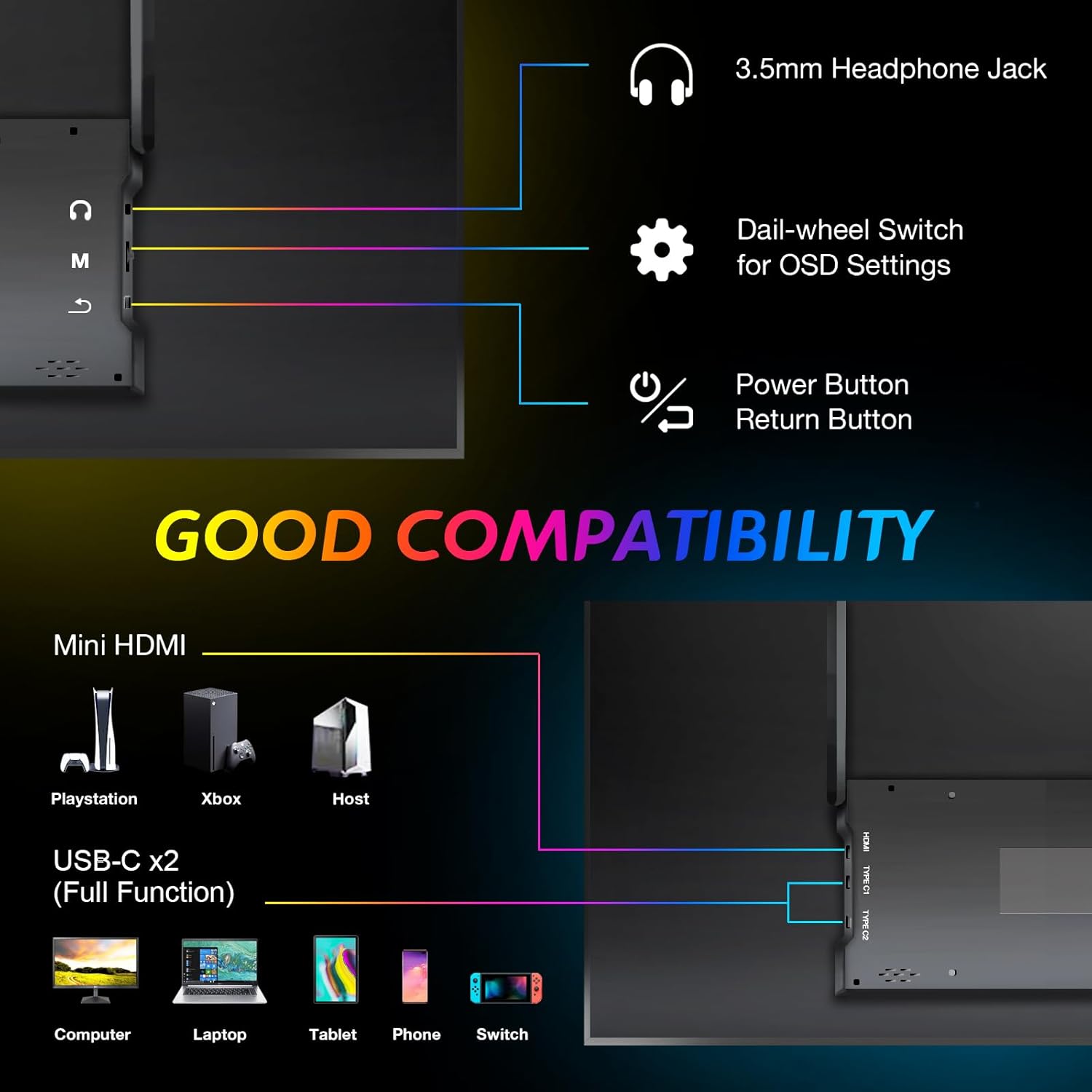 Portable Monitor,120hz Portable Gaming Monitor FHD 1080P 18.5 inch Laptop Screen Extender Portable Monitor for Monitor Extender USB C Portable Screen for Laptop Mac PC Second Monitor - Image 5