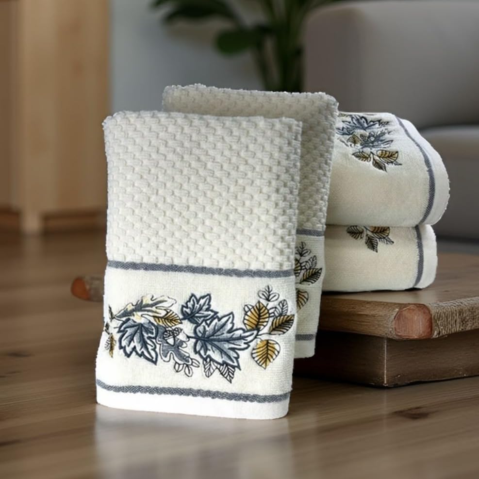 Image of SENSES By Riba Cotton Embroidered Towel Set, 550 GSM Soft & Absorbent, Antimicrobial, Oeko-Tex Certified | Ideal for Home & Gifting, Pack of 4 (2 Bath 27 inchX50 inch + 2 Hand Towels 16 inchX26 inch) - Style 8