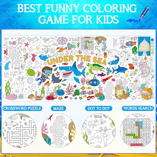 Image of Under The Sea Large Coloring Poster for Kids 30 x 72 Inch, Ocean Animals Giant Coloring Paper Tablecloth, Sea Themed Color-in Activities Games for Kids School Classroom Home Party Supplies Decorations