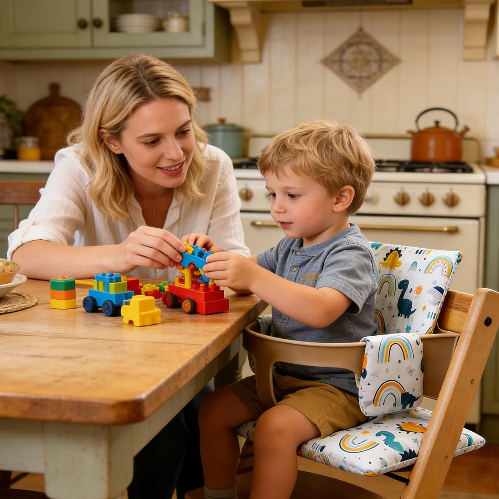 Cuscini per Seggiolone Tripp Trapp Stokke, ADDLIVE 2 Metodi di Installazione, Sfoderabili e Lavabili, Fissati con Velcro, (Regno dei dinosauri)