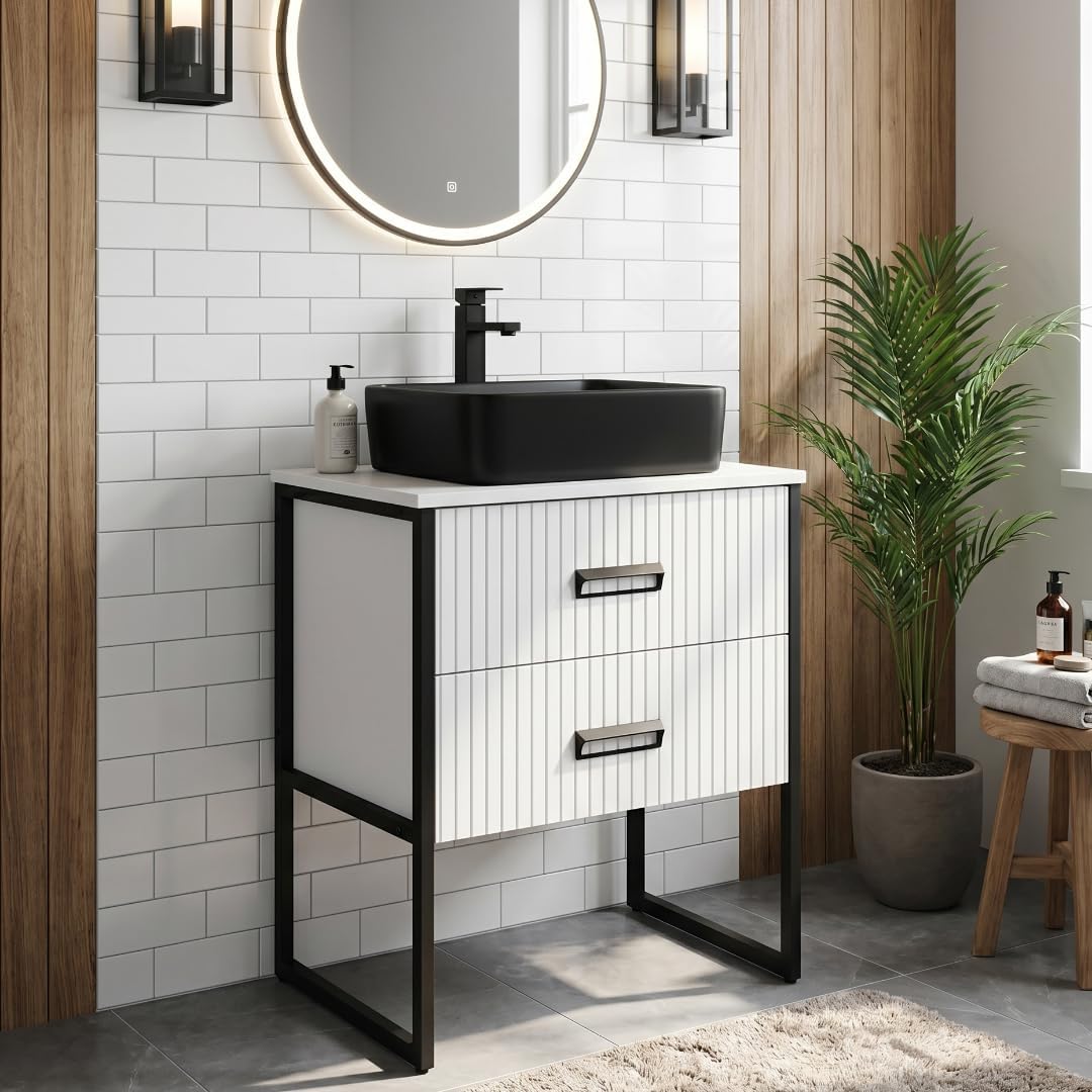 24inch Bathroom Vanity with Sink, Modern Striped Bathroom Cabinet Vanity with Black Ceramic Sink