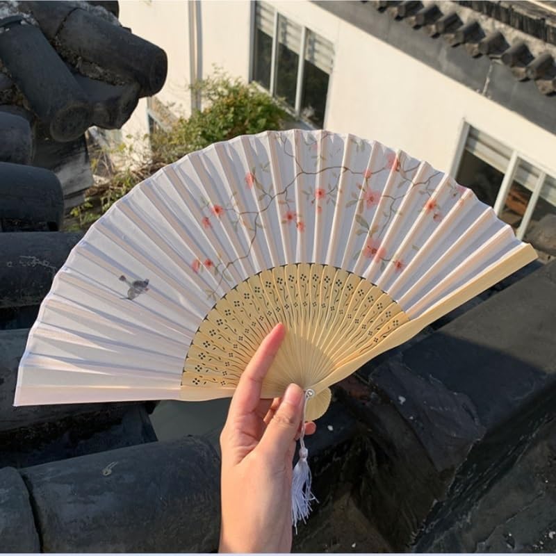 Vintage Folding Fan Chinese Plum Bird Pattern Portable Elegant Hand for Wedding Party Decoration Gift