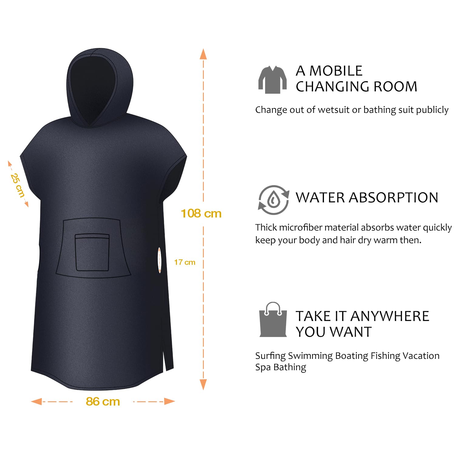 Kato Tirrinia Beach Surf Poncho con bolsillo Absorbente de agua Traje de neopreno Cambiador Sudadera con capucha Toalla Poncho Albornoz para surf Natación Baño Adulto Hombres Mujeres A prueba de arena