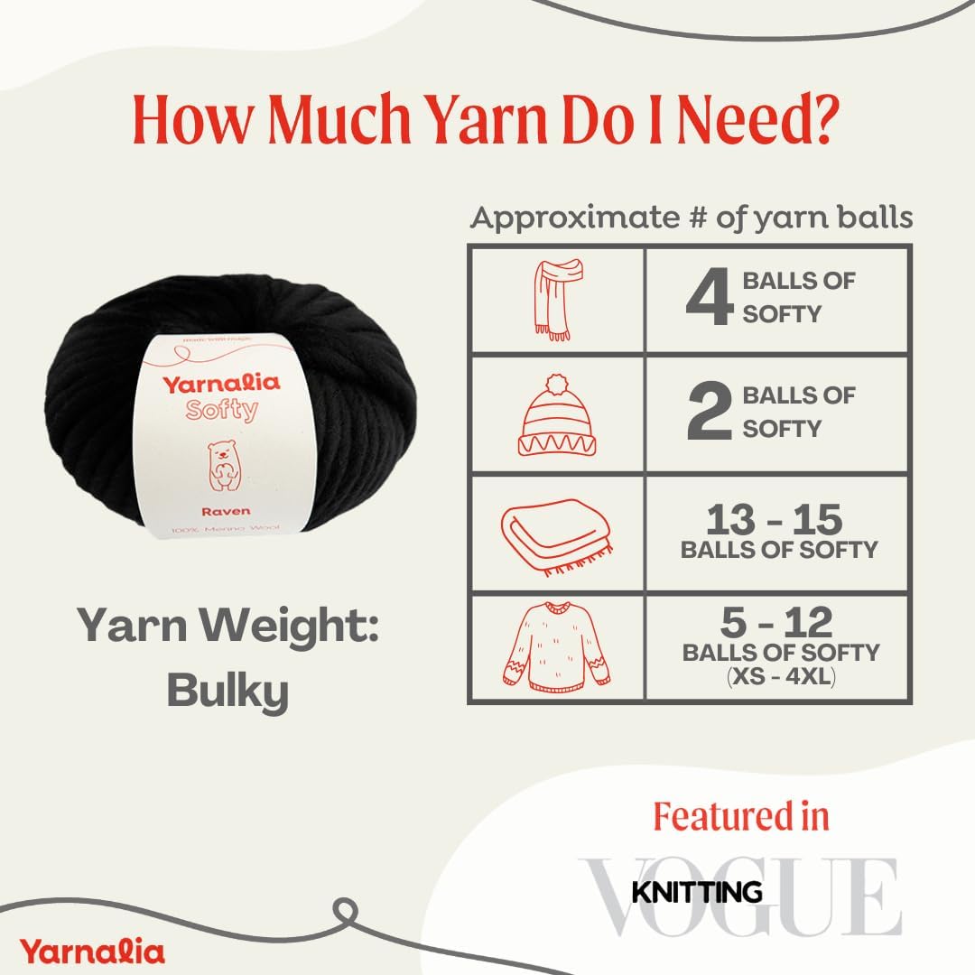 Softy Yarn Bulky Weight 6-Pack Composed of Merino Wool | Ultra-Soft Yarn Spun for Knitting & Crocheting for Sweaters, Blankets & Accessories | 100g, 49 Yards per Ball | Raven