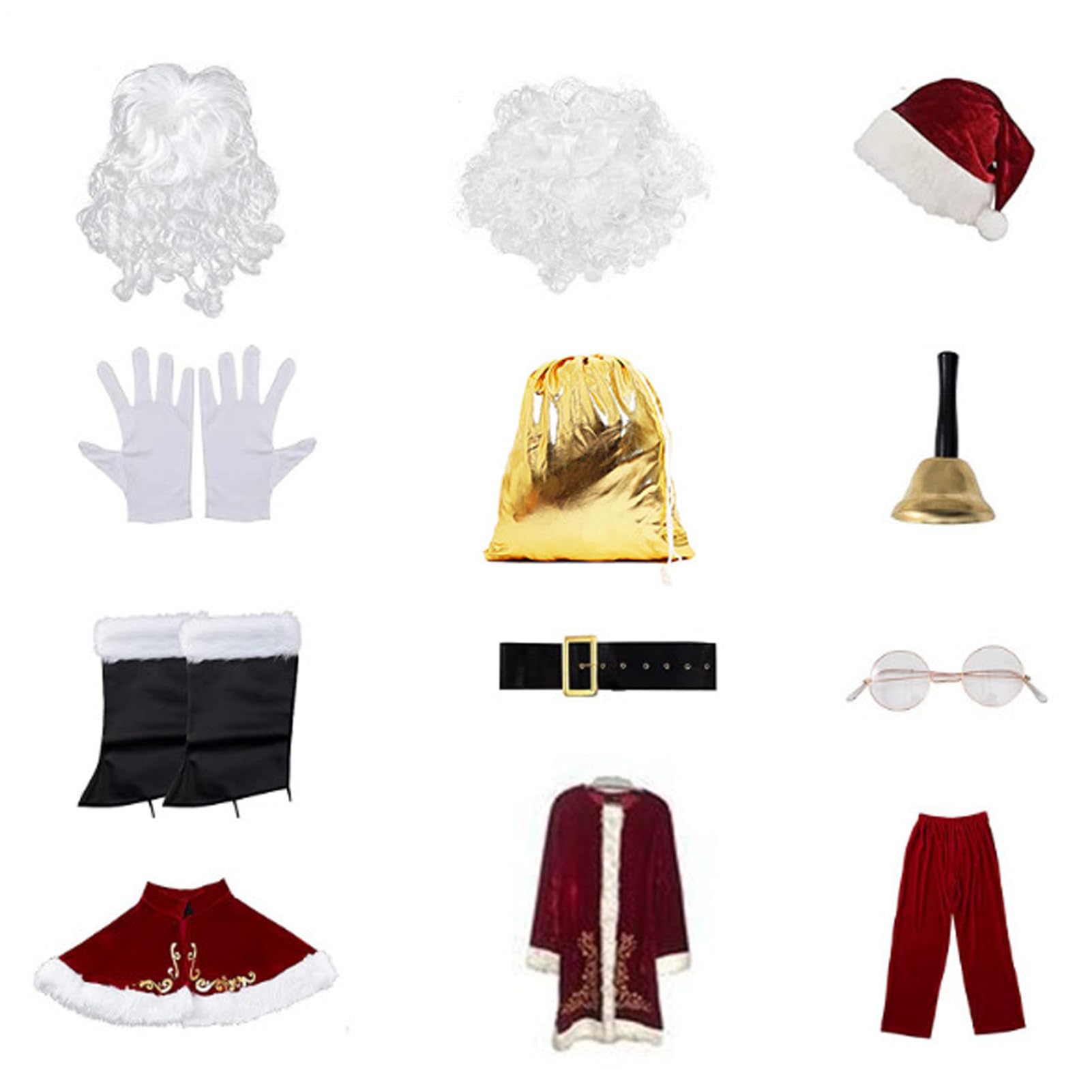 Costume De Père Noël Pour Adulte - Ensemble 12 Pièces Déguisement Complet | Tenue Classique De Fête | Habit Rouge Blanc Avec Barbe Ceinture Chapeau, Déguisement De Noël Pour Réveillon Soirée Spectacle