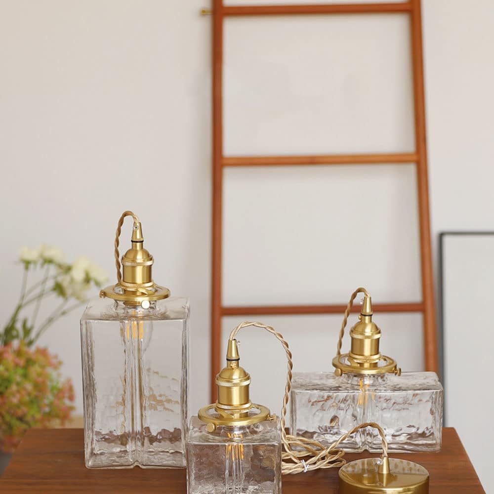 Retro Hammered Glass Pendant Light Hammered Glass Small Chandelier Ceiling Lamp, Square Bottle Shape Hanging Lighting Fixture for Kitchen Island Dining Room, E27 Socket