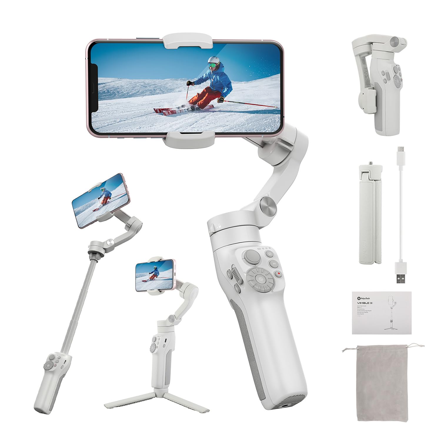 FeiyuTechVimble 3: White USB Camera Stabilizer for Mobile Phone 78 Inch 250g 10h Battery Life