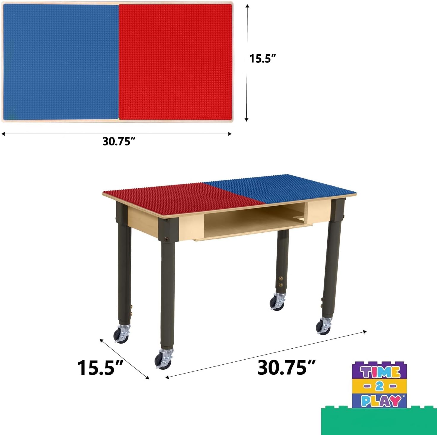 Wood Designs Time-2-Play Montessori Play Table, Reactangular Birch Plywood Red & Blue Lego Compatible Building Blocks Table Built-in Storage with Wheels for Kids [18”-29” Adjustable Legs]