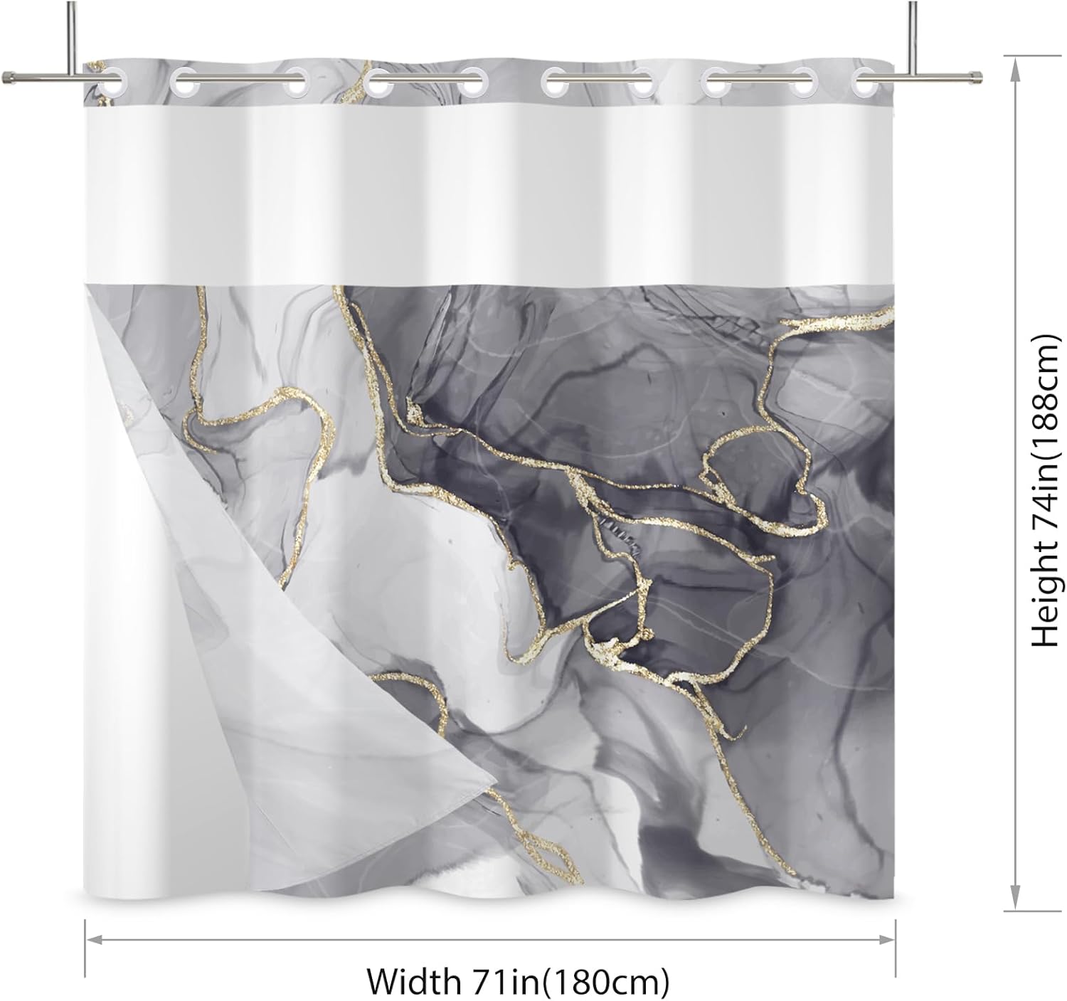 No Hook Shower Curtain,Gray Marble Double-Layered Shower Curtain with Snap-in Liner and Weights,Modern Abstract Luxury Fabric Bath Curtain with See Through Mesh, 71x74in