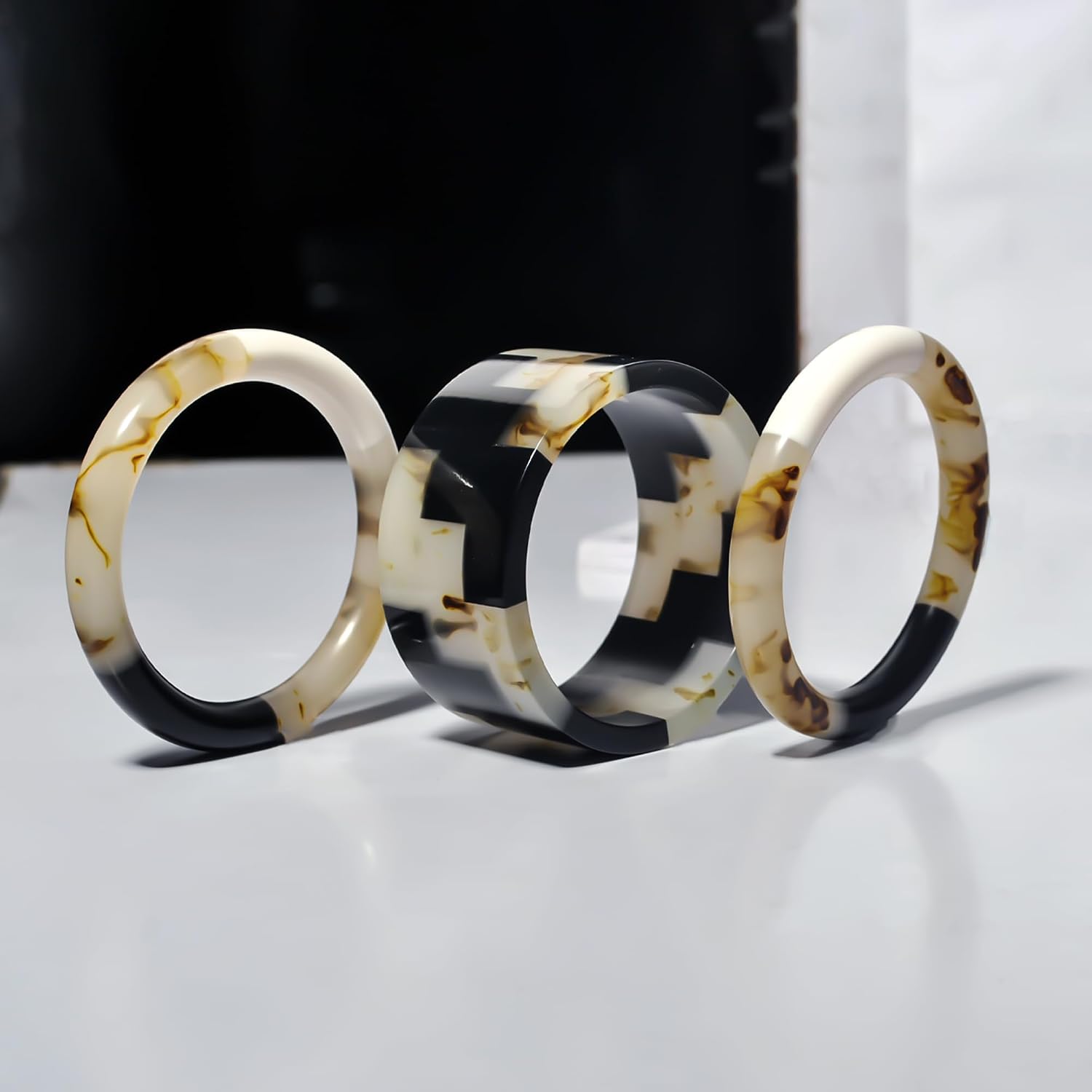 Pure Hands Fashionable Slim Jet Black, Marbled Brown Streaks Resin Bracelets With Ladder Design Stack From Ladder Marbles Trio- Bangless For Women/gift For Her (Lucite Jewelry - Medium Hand Size)