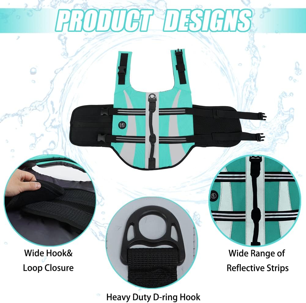 EMUST Life Jacket for Large Dogs, Pet Life Vest for Small/Medium/Large Dogs with Double Rescue Handles, High Reflective Dog Life Preserver for Swimming,Turquoise, L