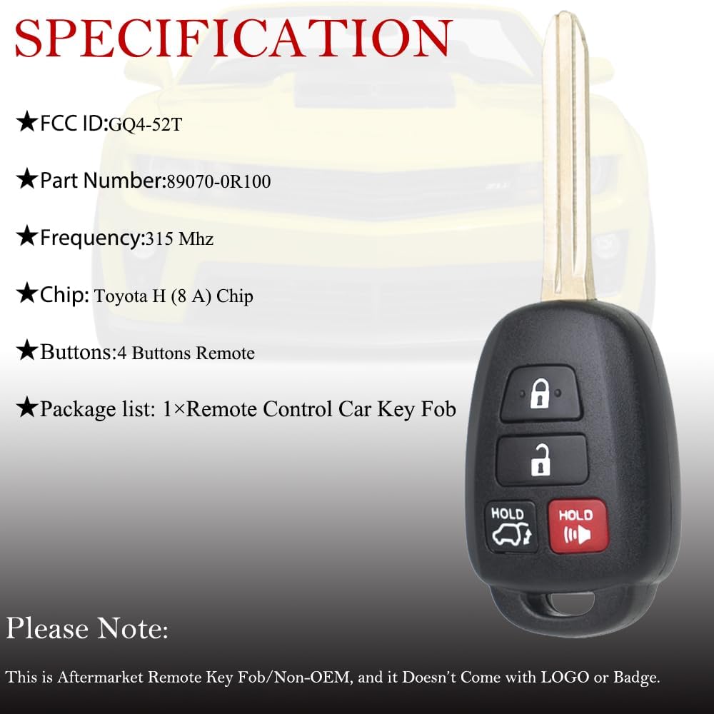 MechanMagic Key Fob Remote Replacement Fits for Toyota RAV4 2013 2014 2015 2016 2017 2018 / Highlander 2014-2019 / Sequoia 18-19 Keyless Entry Remote Control GQ4-52T 89070-0R100 (H Chip)